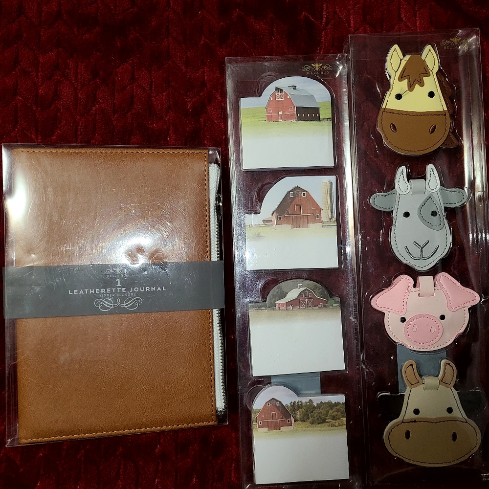 Leatherette journal, sticky notes w barns, luggage tags